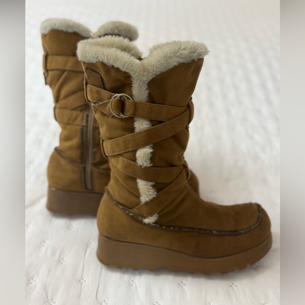 Vintage 90s No Boundaries Platform Boots Size 7 Fur Trimmed Strappy Fall Rare - Picture 8 of 16